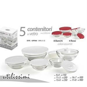 CONTENITORE IN VETRO CON COPERCHIO SET 5PZ COLORI ASS.