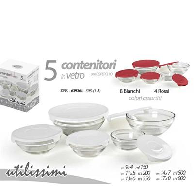 CONTENITORE IN VETRO CON COPERCHIO SET 5PZ COLORI ASS.