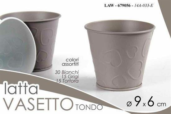 VASO TONDO IN LATTA DECORO CUORI 9X6X9CM COLORI ASS.