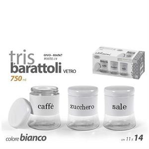 BARATTOLO VETRO COPERCHIO METALLO 750ML 11X14 CM BIANCO 3PZ