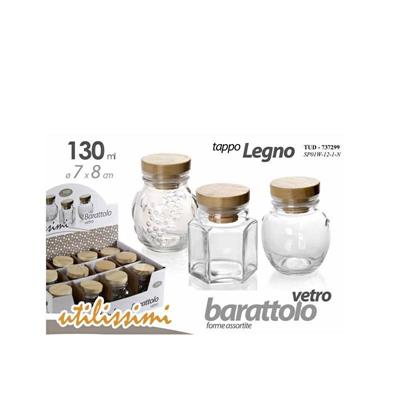 BARATTOLO VETRO CON COPERCHIO LEGNO 130 ML 7 X 8 CM ASS