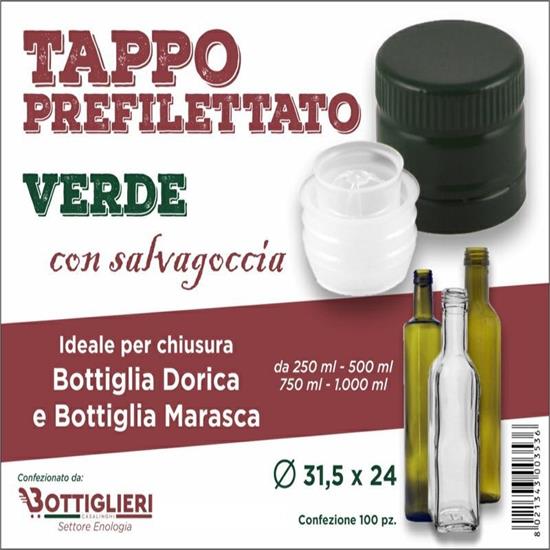 TAPPO PREFILETTATO CON SALVAGOCCIA 31,5 x 24 100PZ VERDE