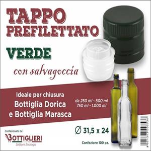 TAPPO PREFILETTATO CON SALVAGOCCIA 31,5 x 24 100PZ VERDE