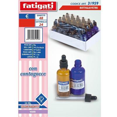 BOTTIGLIETTA VETRO CON CONTAGOCCE 50ML 2COLORI ASS.